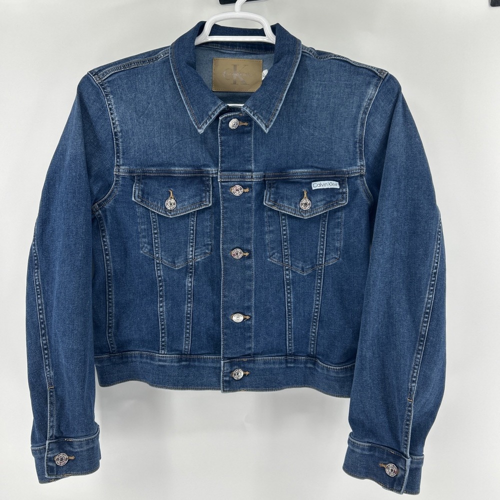 Calvin Klein Jeans Denim Jacket Women's Large Blue Trucker Metal Buttons Pockets